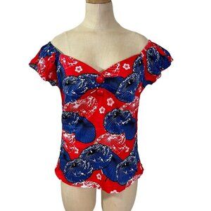 Collectif Vintage blouse women's 10 blue red Dolores parisol print cap sleeve